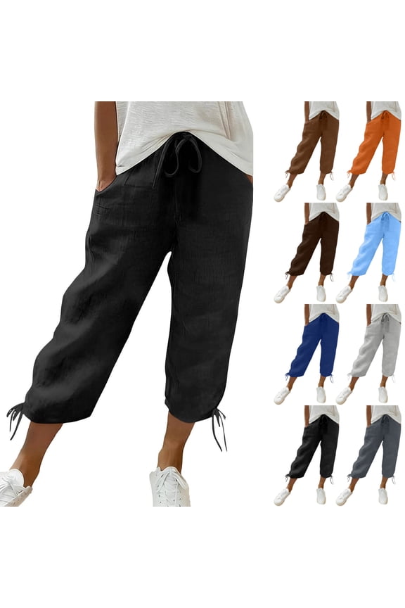 Cotton Capris for Women Plus Size Elastic Waist Adjustable Drawstring Hem Comfortable Cropped Bottoms Summer Casual Fashion Pants,XL