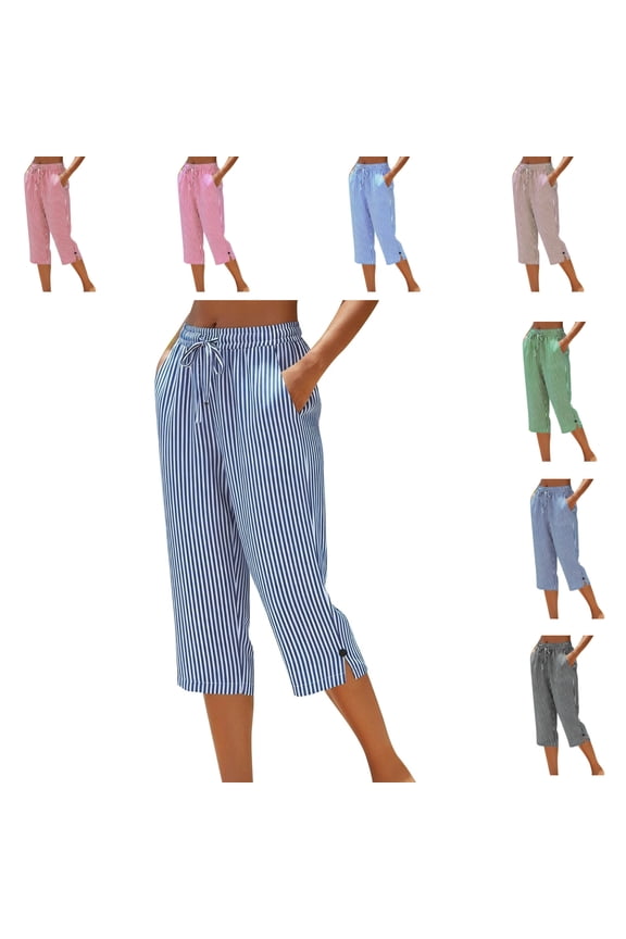 Cotton Capris for Women Plus Size High Elastic Waisted Drawstring Straight Leg Strip Side Button Split Cropped Bottoms Breathable Summer Trousers with Pockets, S-3XL