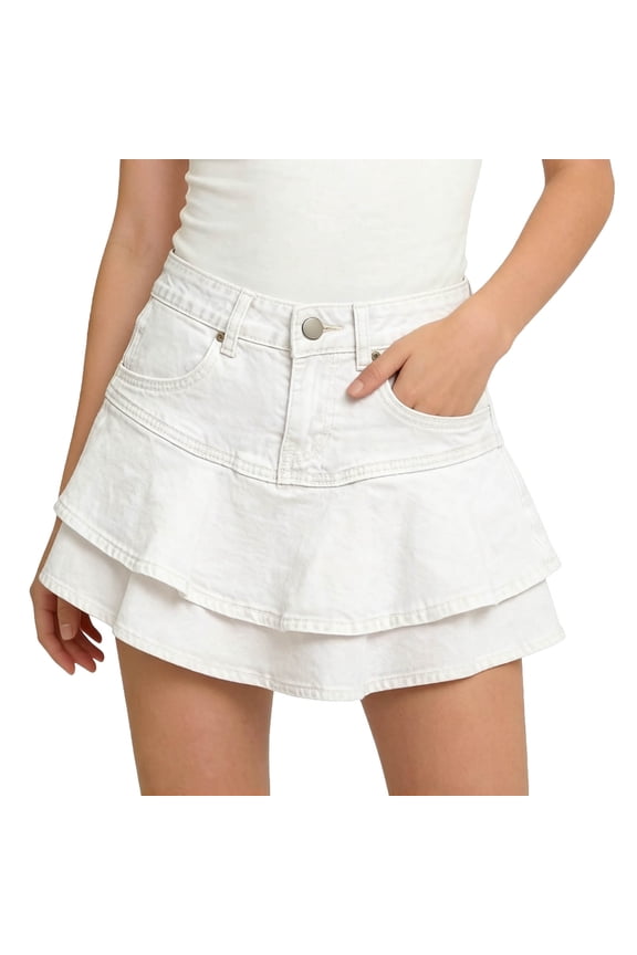 Denim Skort for Teen Girls Stretchy Ruffled Tiered Elastic Waisted Button Down Lightweight Fashion Bottoms Summer Trendy Denim Shorts with Pockets