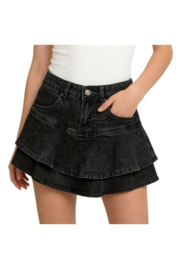 Denim Skort for Teen Girls Stretchy Ruffled Tiered Elastic Waisted Button Down Lightweight Fashion Bottoms Summer Trendy Denim Shorts with Pockets