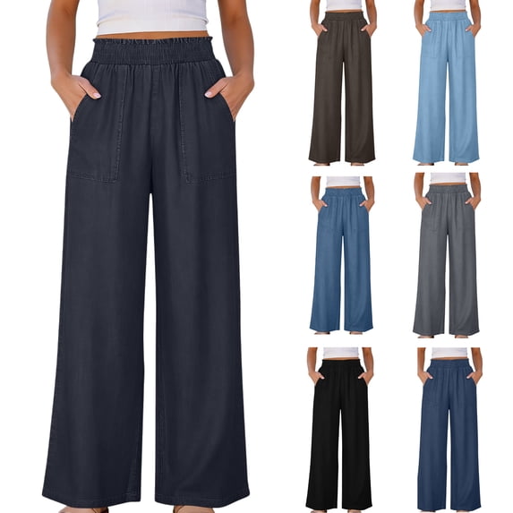 WPPGONE Faux Denim Pants for Women Plus Size High Elastic Waisted Straight Wide Leg Pull on Baggy Bottoms Fashion Trendy Summer Jeans with Pockets