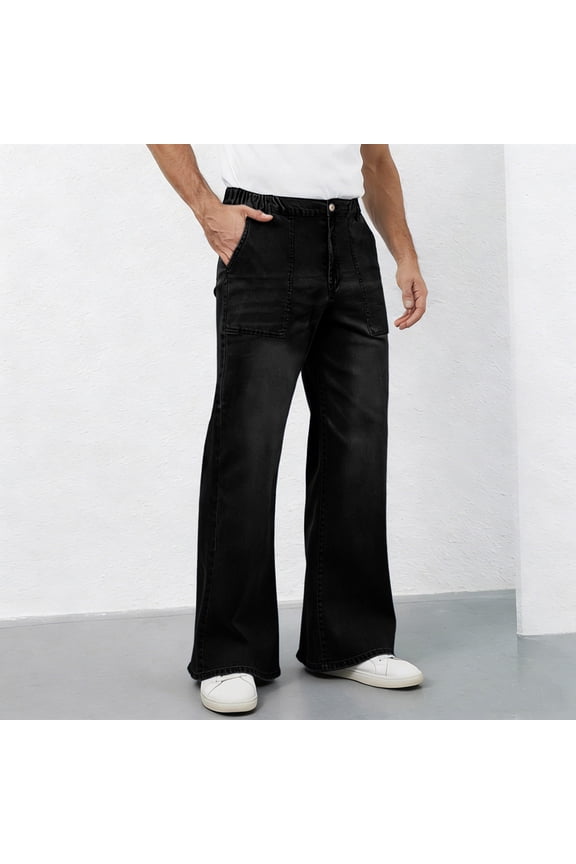 Flare Jeans Men Baggy Bootcut Elastic Waisted Button Outdoor Zipper Loose Fit Fashion Stretchy Bottoms Vintage Versatile Casual Denim Pants with Pockets