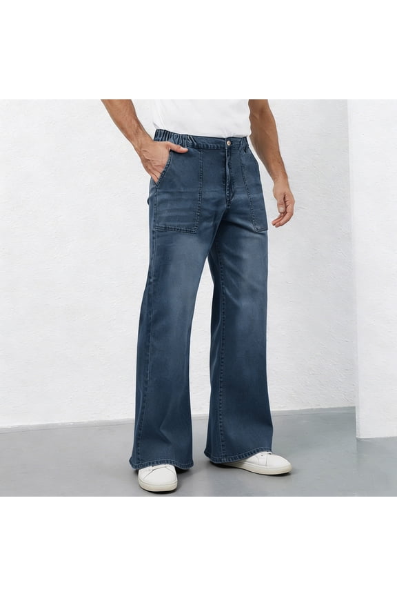 Flare Jeans Men Baggy Bootcut Elastic Waisted Button Outdoor Zipper Loose Fit Fashion Stretchy Bottoms Vintage Versatile Casual Denim Pants with Pockets