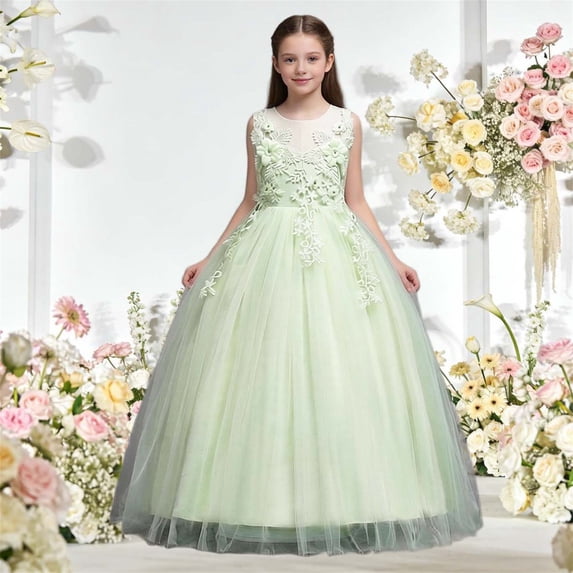 WPPGONE Girls Appliques Flower Girl Dress Sleeveless Tulle Ball Gown Embroidered Princess Wedding Party Gown Elegant Formal Pageant Dress Toddler Communion Gown Kids Birthday Photoshoot Party Dresses