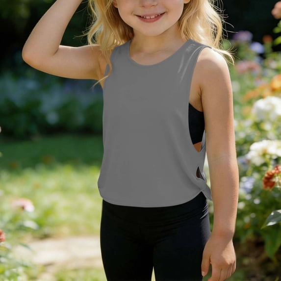 WPPGONE Girls Athletic Tank Top Sleeveless Crewneck Active Tops Crop Length Cutout Sides Tie Back Design Soft Stretchy Breathable Dance Gym Yoga Wear Summer Workout Apparel