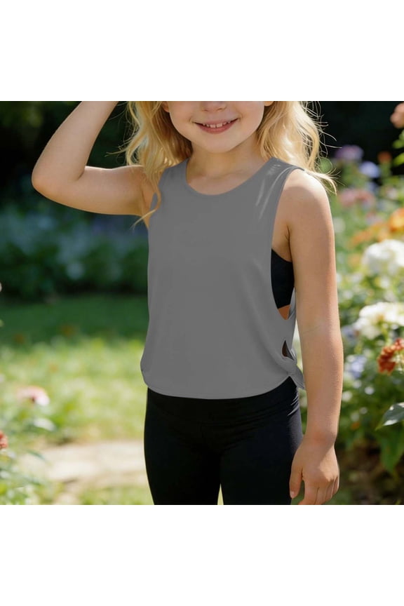 Girls Athletic Tank Top Sleeveless Crewneck Active Tops Crop Length Cutout Sides Tie Back Design Soft Stretchy Breathable Dance Gym Yoga Wear Summer Workout Apparel