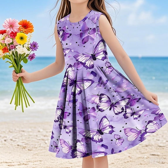 WPPGONE Girls Butterfly Floral Print Dress Summer Sleeveless Round Neck Fit and Flare Swing Party Dress Elegant Flower Pattern Sun Dress Beach Vacation Holiday Wear Dresses