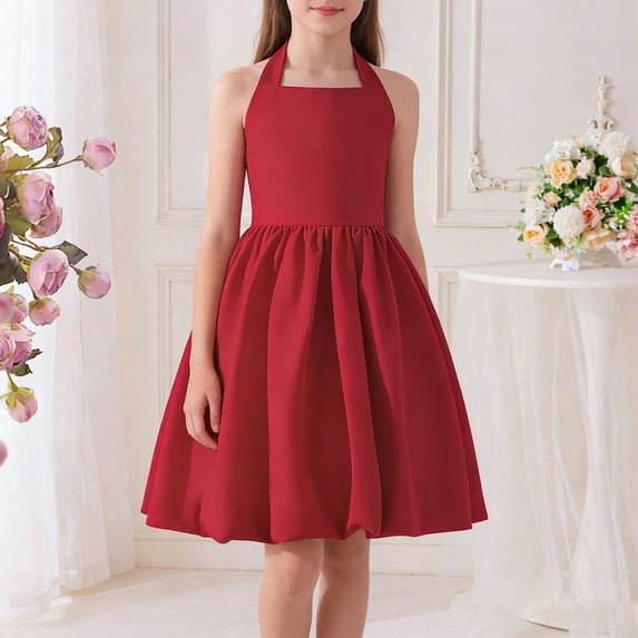 WPPGONE Girls Elegant Formal Mini Length Bubble Dress Sleeveless Halter Neck Solid Puffy A Line Swing Flattering Princess Party Wedding Evening Birthday Dresses