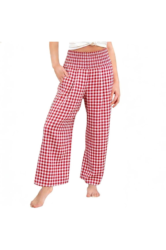 Girls Gingham Plaid Wide Leg Pants Smocked High Waist Cotton Palazzo Trousers Summer Casual Loose Fit Breathable Bottoms Tween Kids Fashion Checkered Culottes