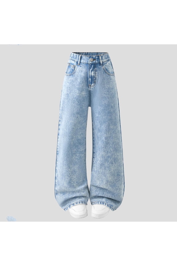 Girls High Waist Wide Leg Jeans Baggy Elastic Waist Loose Fit Casual Denim Pants Tween Girl Trousers for School and Daily Wear Straight Leg Trousers