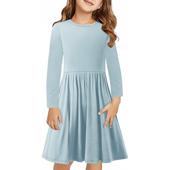 WPPGONE Girls Long Sleeve Jersey Dress Comfortable Round Neck A Line Tiered Silhouette Knee Length Modest Swing Dress Kids Classic Everyday Outdoor Fashion Dresses
