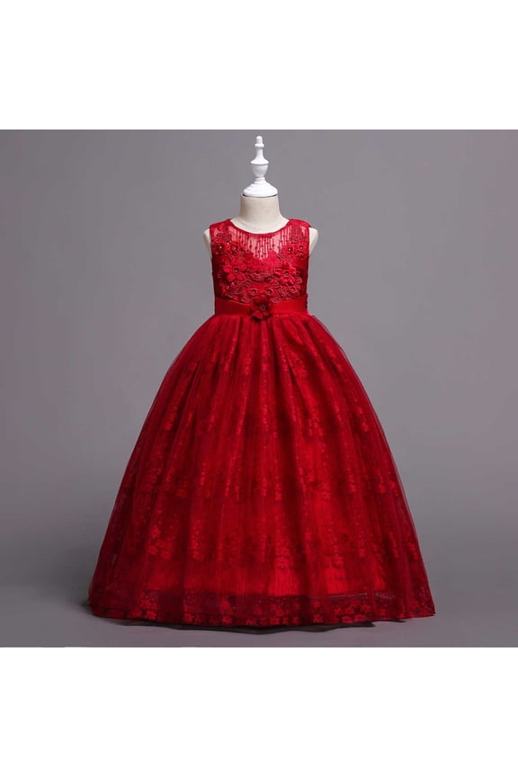 Girls Luxury Embroidery Floor Length Evening Gown Sleeveless Lace Backless Flower Girl Wedding Party Pageant Contest Performance Piano Recital Formal Gala Maxi Ball Gown Big Girls Dresses