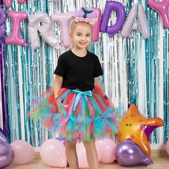 WPPGONE Girls Mermaid Theme Tutu Skirt Starfish Bowknot Detail Layered Mesh Tulle Skirts Colorful Princess Performance Skirts for Cosplay Birthday Party Skirts