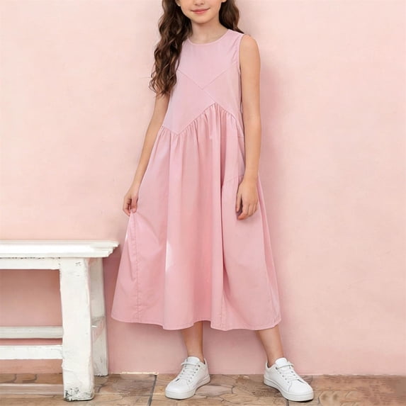 WPPGONE Girls Pleated Tank Dress Sleeveless High Waist Midi A Line Casual Dresses Summer Cotton Solid Color Swing Party Sundress with Side Pockets