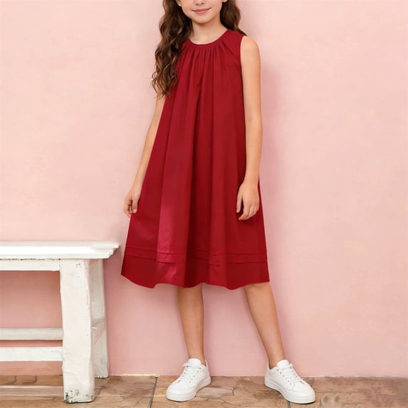 WPPGONE Girls Pleated Tank Dress Sleeveless High Waist Midi A Line Casual Dresses Summer Cotton Solid Color Swing Party Sundress with Side Pockets