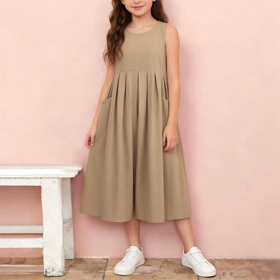 WPPGONE Girls Pleated Tank Dress Sleeveless High Waist Midi A Line Casual Dresses Summer Cotton Solid Color Swing Party Sundress with Side Pockets