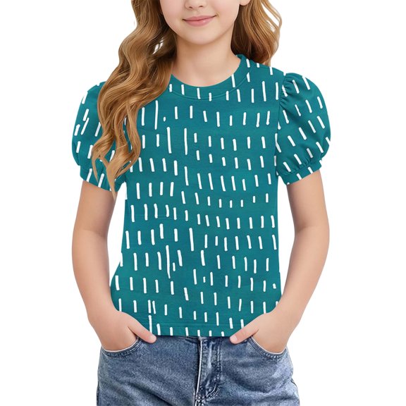 WPPGONE Girls Puff Sleeve Tunic Short Sleeve Casual Graphic Tops Abstract Dash Pattern Soft Cotton Crewneck Basic Blouse Sweet Holiday Party Tees And Clothes