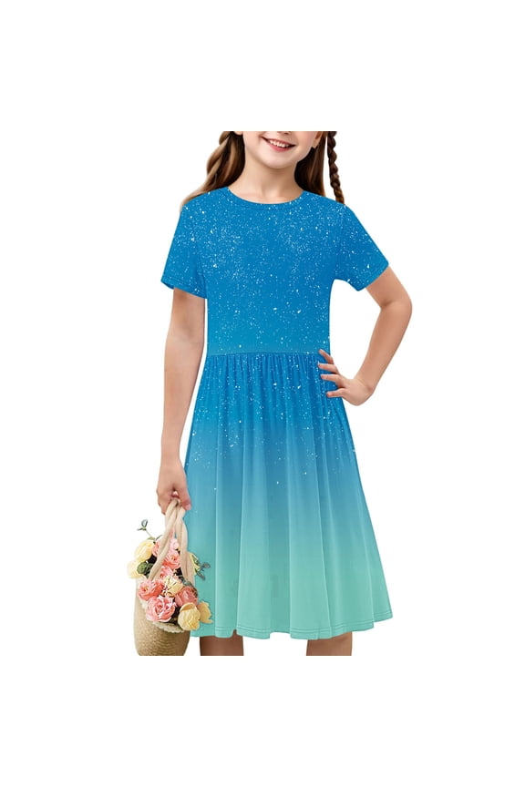 Girls Short Sleeve Galaxy Stars Print Dress Celestial Ombre Skater Dress Crewneck High Waisted Twirl Dress Kids Magic Space Theme Party Summer Casual Dresses