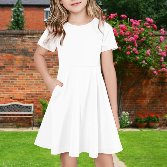WPPGONE Girls Summer Casual Knee Length A-Line Dress Crewneck Short Sleeve Flowy Swing Dress with Pockets Solid Color School Play Party Kids Dresses