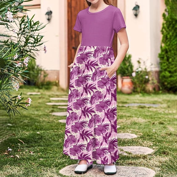 WPPGONE Girls Summer Floral Maxi Dress Short Sleeve Crewneck Empire Waist Flowy Long Dresses with Pockets Casual Holiday Party A-Line Sun Dress Kids Fashion Wear