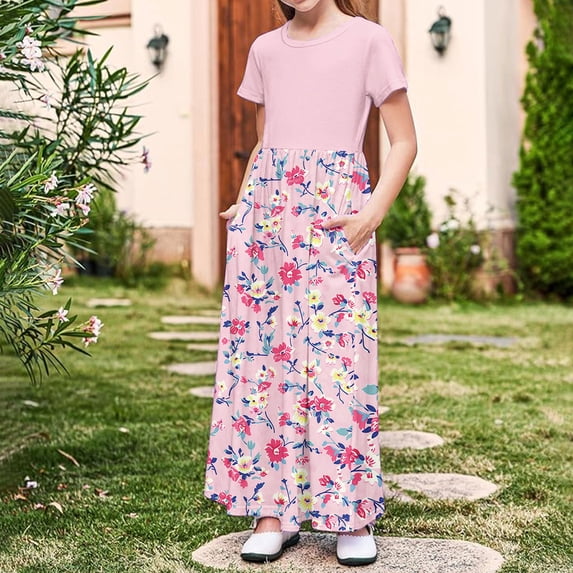 WPPGONE Girls Summer Floral Maxi Dress Short Sleeve Crewneck Empire Waist Flowy Long Dresses with Pockets Casual Holiday Party A-Line Sun Dress Kids Fashion Wear