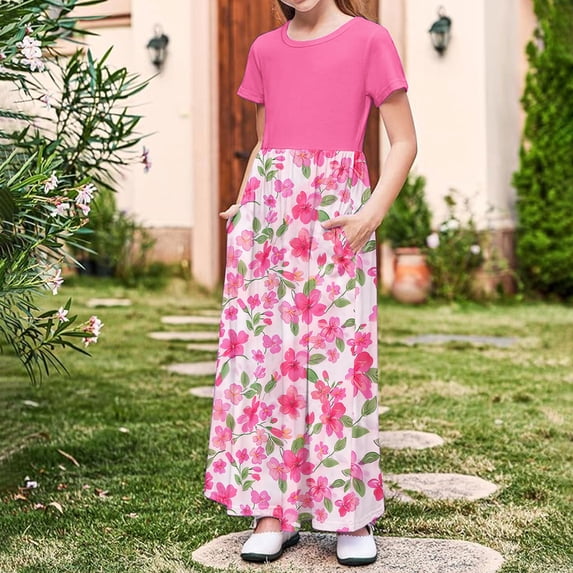 WPPGONE Girls Summer Floral Maxi Dress Short Sleeve Crewneck Empire Waist Flowy Long Dresses with Pockets Casual Holiday Party A-Line Sun Dress Kids Fashion Wear