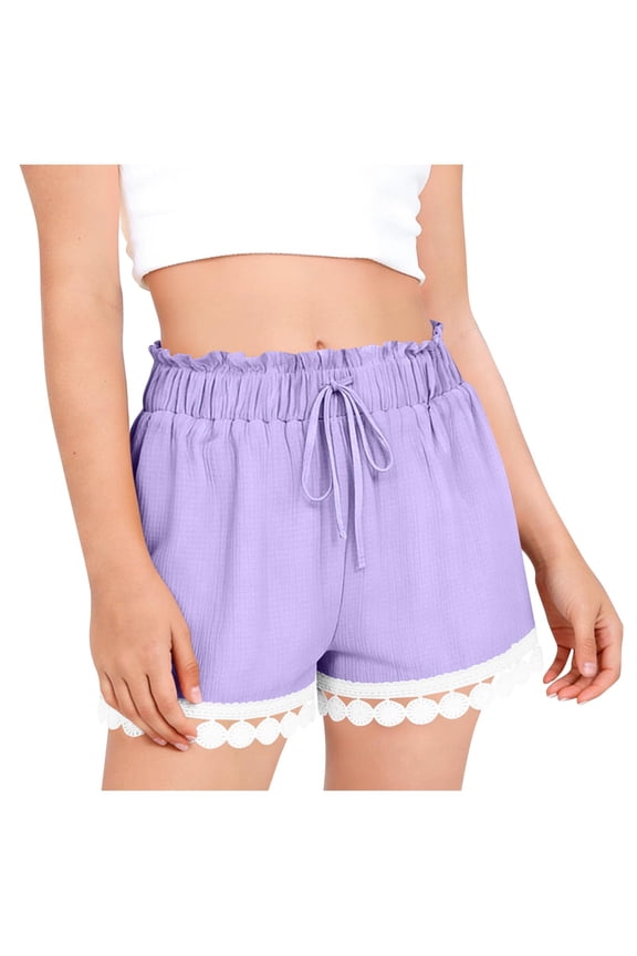 Girls Textured Ruffle Shorts Drawstring Waist Lace Trim Hem Summer Beach Shorts Boho Casual Pull-on Short Trousers for Tween Girls Lightweight Bottoms