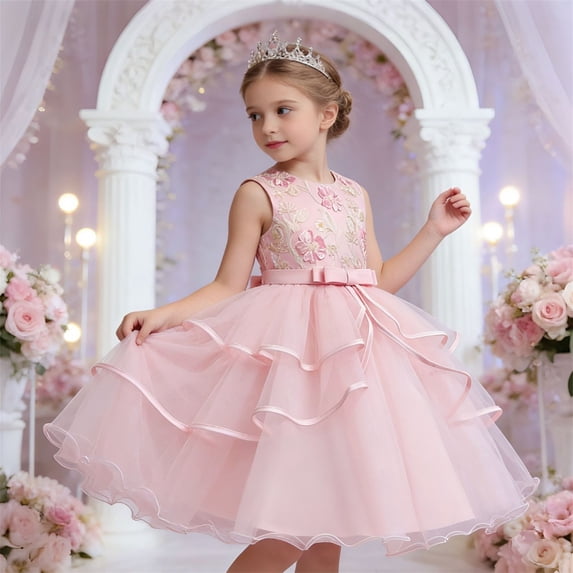 WPPGONE Girls Tiered Tulle Flower Girl Dress Sleeveless Floral Embroidery Ball Gown Elegant Princess Wedding Party Gown Luxury Pageant Dress Toddler Birthday Photoshoot Party Dresses