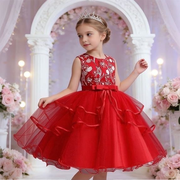 WPPGONE Girls Tiered Tulle Flower Girl Dress Sleeveless Floral Embroidery Ball Gown Elegant Princess Wedding Party Gown Luxury Pageant Dress Toddler Birthday Photoshoot Party Dresses