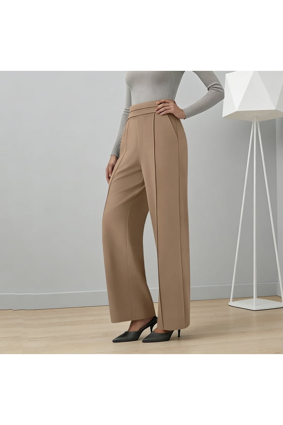 High Waisted Pants for Women Dressy Elastic Waisted Pull On Straight Leg Stretchy Flowy Bottoms Casual Workwear Office Trousers with Pockets