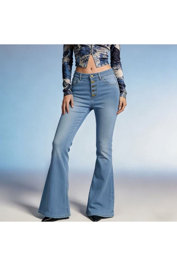 Jeans for Women High Waisted Button Fly Stright Wide Leg Stretch Bell Bottoms Fashion Walking Daily Workwear Summer Casual Trousers with Pockets