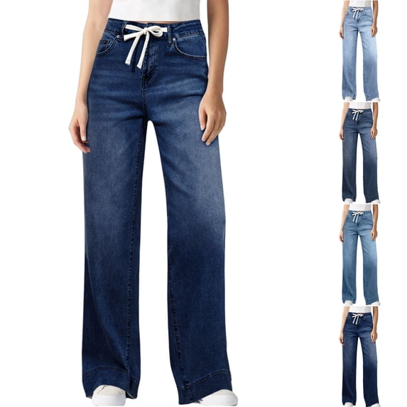 WPPGONE Jeans for Women Stretchy Trendy High Elastic Waisted Drawstring Loose Fit Straight Leg Bottoms Trousers with Pockets