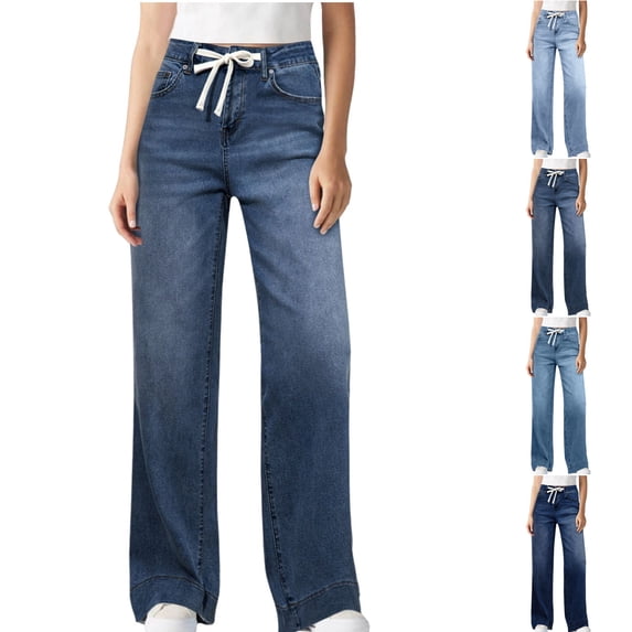 WPPGONE Jeans for Women Stretchy Trendy High Elastic Waisted Drawstring Loose Fit Straight Leg Bottoms Trousers with Pockets