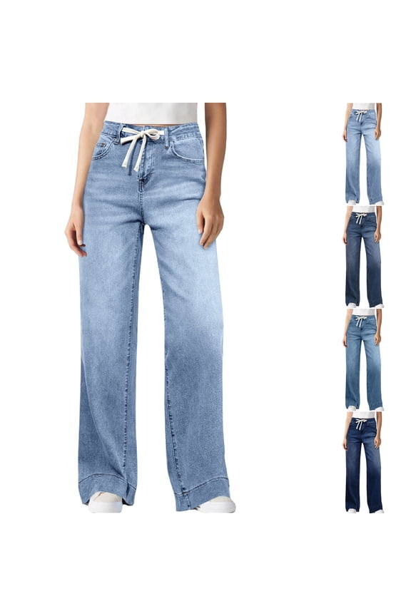 Jeans for Women Stretchy Trendy High Elastic Waisted Drawstring Loose Fit Straight Leg Bottoms Trousers with Pockets