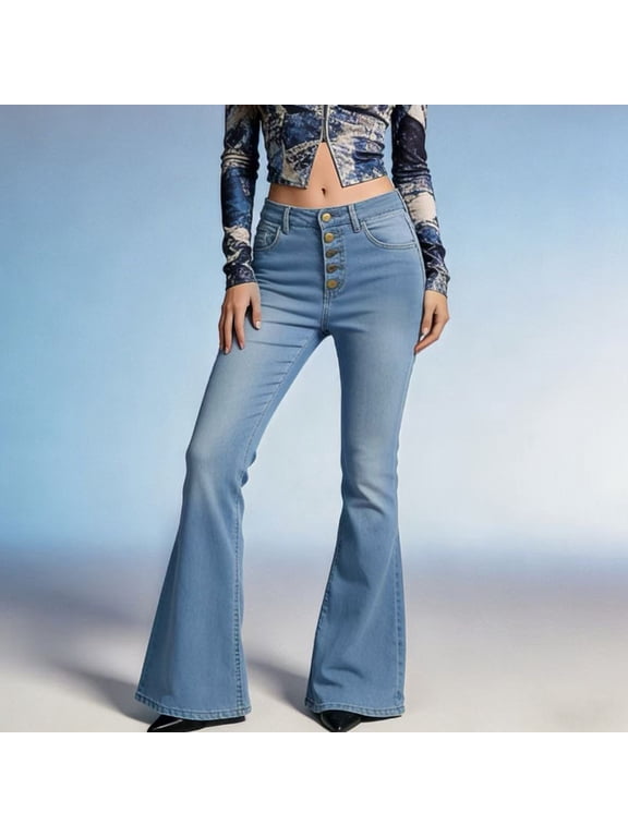 Jeans for Women Trendy Stretchy Flare High Waisted Button Fly Straight Wide Leg Plus Size Bottoms Fashion Versatile with Pockets, S-4XL