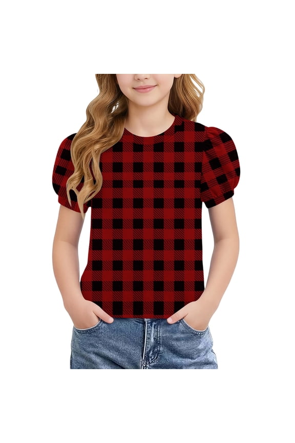 Kids Girls Pullover Puff Short Sleeve Buffalo Plaid Checkered Pattern Summer Tops Crewneck Comfortable Active Wear Everyday Casual Gathering Basic Shirts Clothes