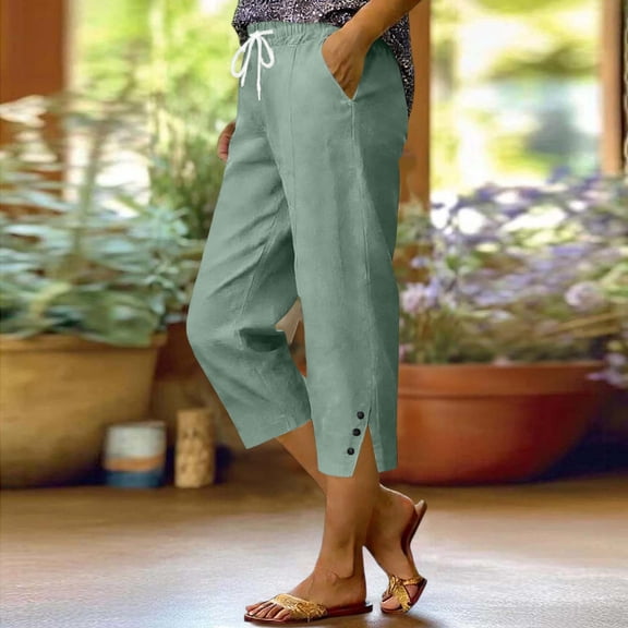WPPGONE Linen Capri Pants for Women with Pockets Elastic Waisted Drawstring Straight Leg Side Slit Buttons Relaxed Bottoms Summer Vacation Casual Trousers with Pockets