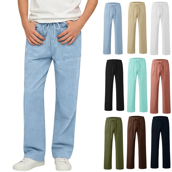 WPPGONE Linen Pants Teen Boy Elastic Waisted Drawstring Straight Leg Comfortable Bottoms Kids Summer Casual Daily Trousers with Pockets