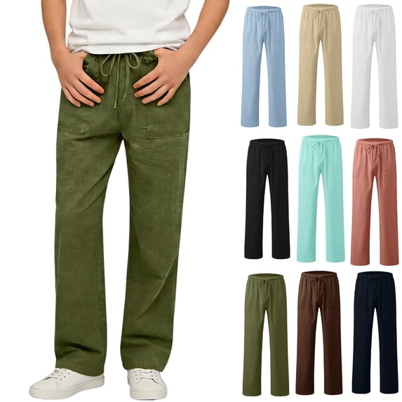 WPPGONE Linen Pants Teen Boy Elastic Waisted Drawstring Straight Leg Comfortable Bottoms Kids Summer Casual Daily Trousers with Pockets