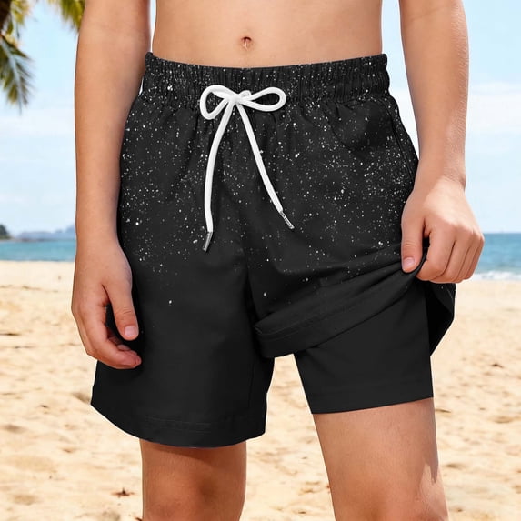 WPPGONE Little Boys Swim Trunks Toddler Board Shorts 2-in-1 Quick-Dry Beachwear with Compression Liner Elastic Drawstring Waist Splatter Pattern Summer Swimming Shorts Swimsuit