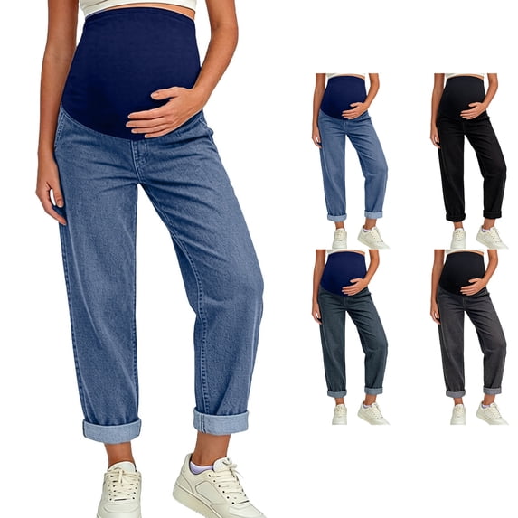 WPPGONE Maternity Jeans for Women Straight leg Over Belly Stretch Comfy Rolled Hem Bottoms Denim Pants with Pockets, M-3XL