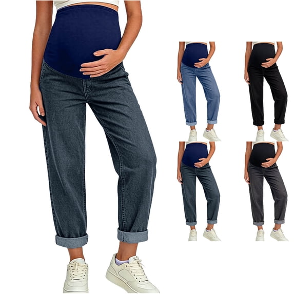 WPPGONE Maternity Jeans for Women Straight leg Over Belly Stretch Comfy Rolled Hem Bottoms Denim Pants with Pockets, M-3XL