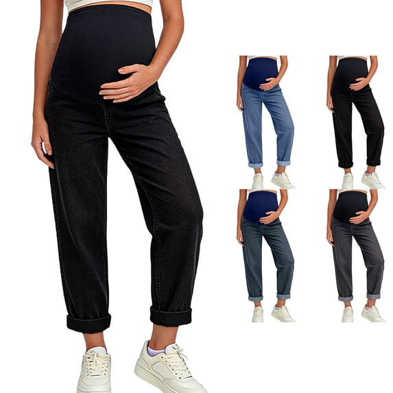 WPPGONE Maternity Jeans for Women Straight leg Over Belly Stretch Comfy Rolled Hem Bottoms Denim Pants with Pockets, M-3XL