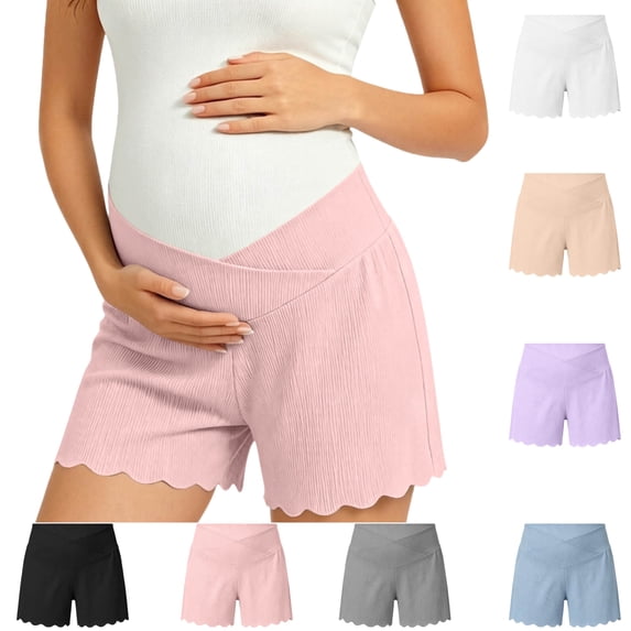 WPPGONE Maternity Shorts for Women Crossover Waisted Elastic Stretchy Straight Leg Wide Fit Lace Hem Bottoms Summer Lounge Homewear Shorts