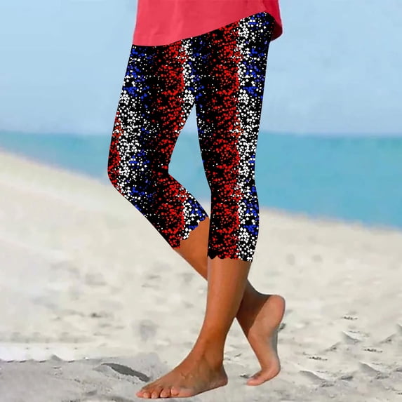WPPGONE Patriotic Capri Leggings for Women High Waisted Straight Leg Stretchy Slim Fit Print Pull On Cropped Bottoms Yoga Sports Gym Pants