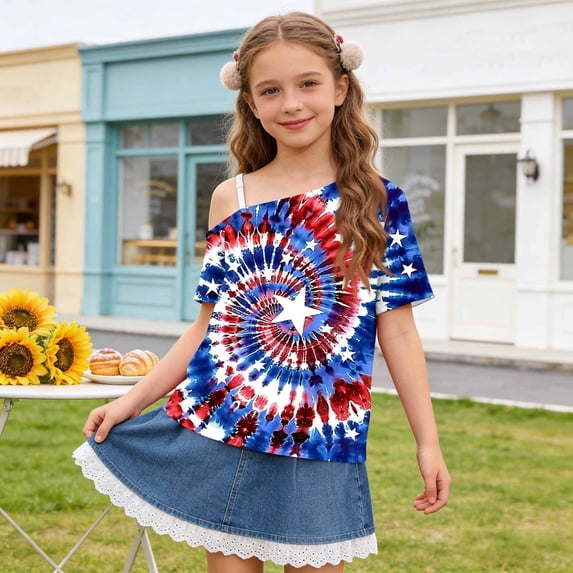 WPPGONE Patriotic T Shirt for Girls One Shoulder One Shoulder Short Sleeve Toddler Loose Fit 4th of July Tops Stars Red White and Blue Design American Flag Shirts USA Summer Clothes