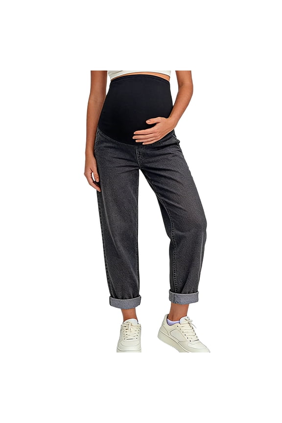 Pregnant Women Denim Jeans Casual Loose Fit Pants with High Stretchy Wide Elastic Waistband Relaxed Everyday Wear Baggy Trousers Folded Hem Slouchy Bottoms