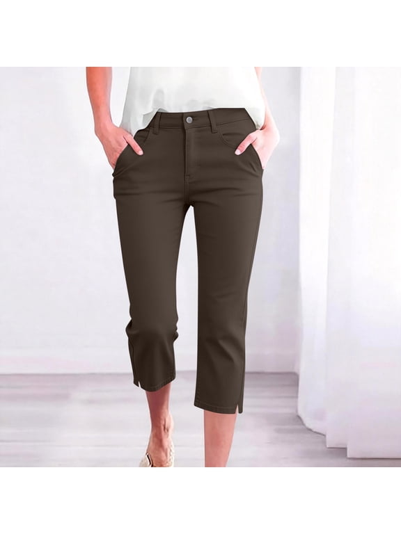 Slim Fit Capri Leggings Women Stretchy Button High Waist Comfortable Bottoms Side Split Hem Casual Workout Sports Pants with Pockets