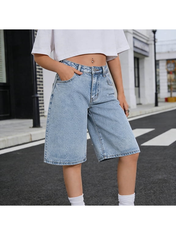 Girls Bermuda Shorts Denim High Waisted Wide Leg Straight Teens Baggy Zipper Button Knee Length Bottoms Loose Fit Summer Fashion Casual Jean Shorts with Pockets