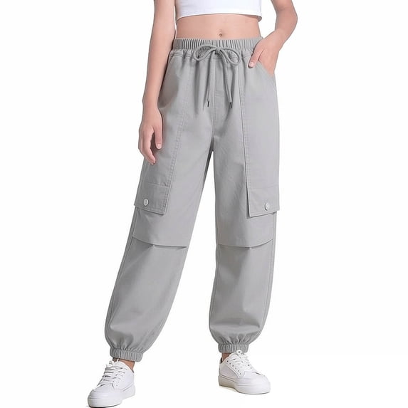 WPPGONE Teen Girls High Waisted Cargo Jogger Pants Multi Pockets Relaxed Fit Baggy Trousers Elastic Waist Drawstring Active Workout Running Outdoor Streetwear Casual Bottoms